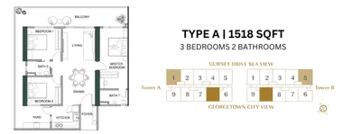 Floor plan, Type A, 1,518 sq ft, three bedrooms and two bathrooms, Gurney Drive view corner unit
